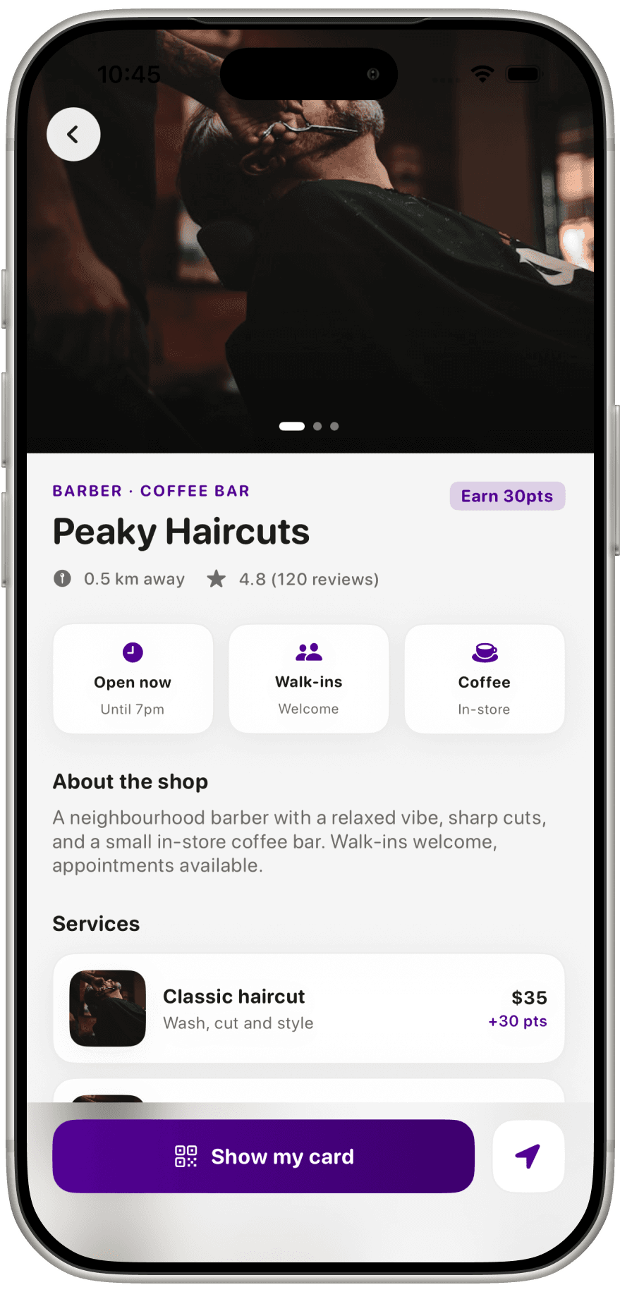 RewardsMate shop profile for Peaky Haircuts showing barber services and in-store coffee