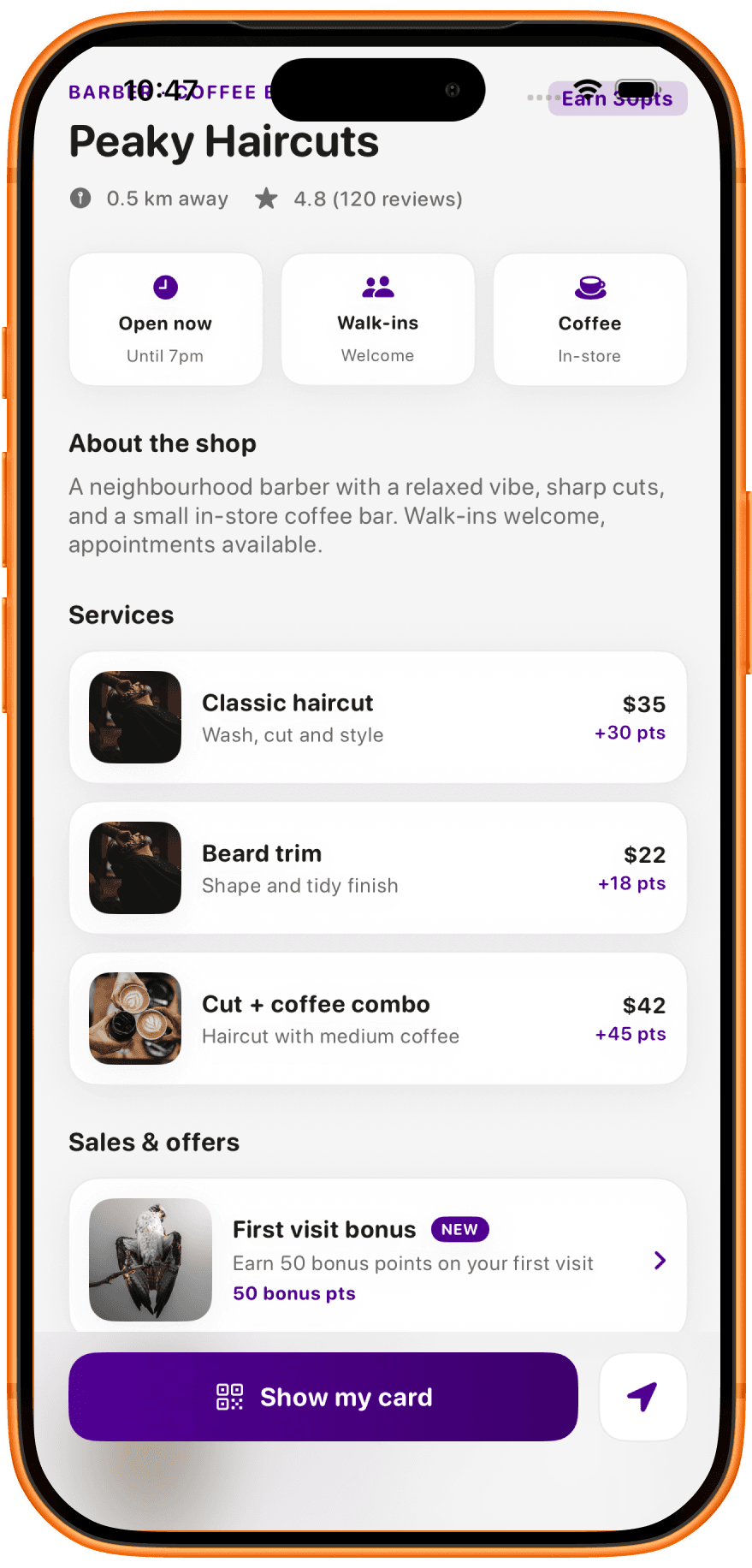 RewardsMate Peaky Haircuts shop profile with services, combo offers and first-visit bonus