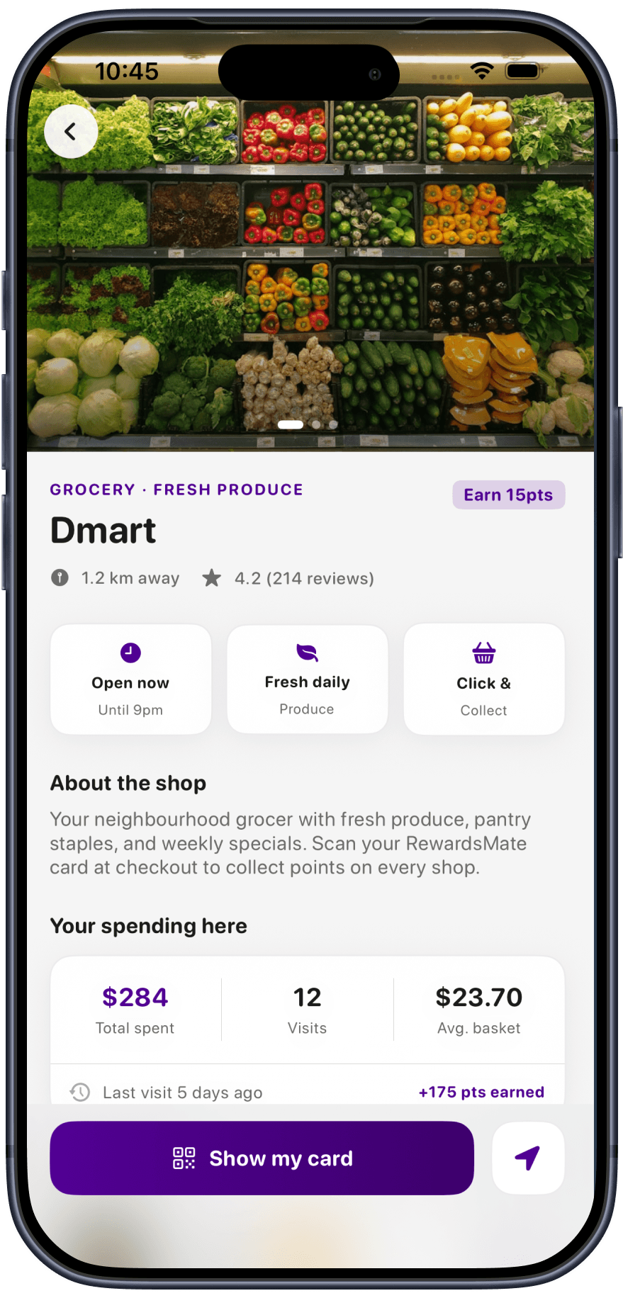 RewardsMate shop profile for Dmart grocer showing fresh produce and spending summary