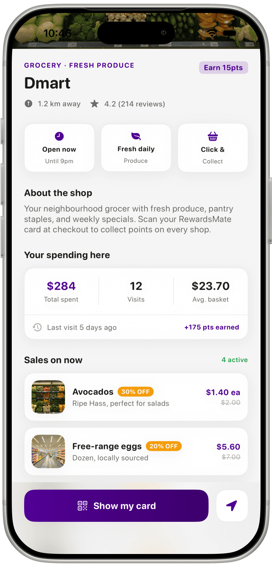 RewardsMate Dmart shop profile with your spending history and active grocery sales