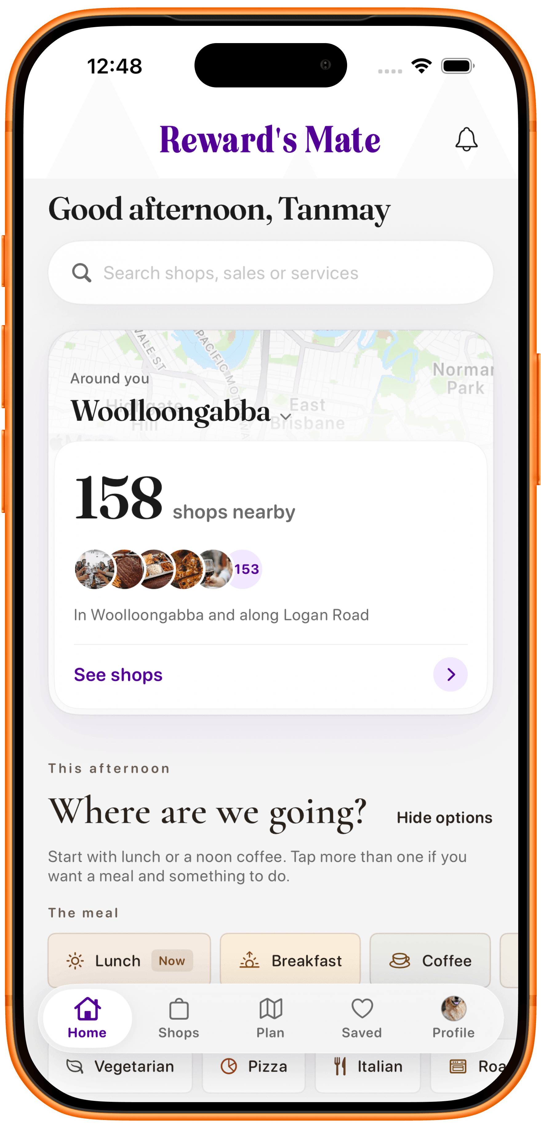 Reward's Mate home screen showing nearby shops around Woolloongabba and local mood suggestions