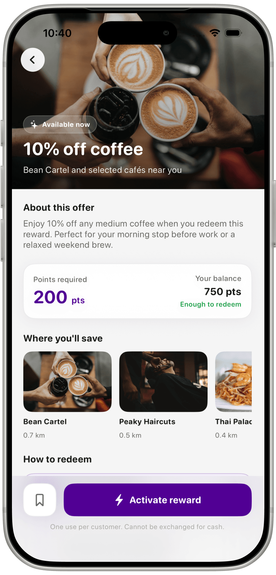 RewardsMate reward detail screen for 10% off coffee, ready to activate with points balance shown