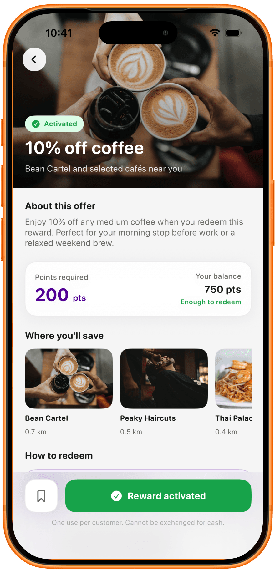 RewardsMate reward detail screen showing 10% off coffee activated and ready to use at checkout