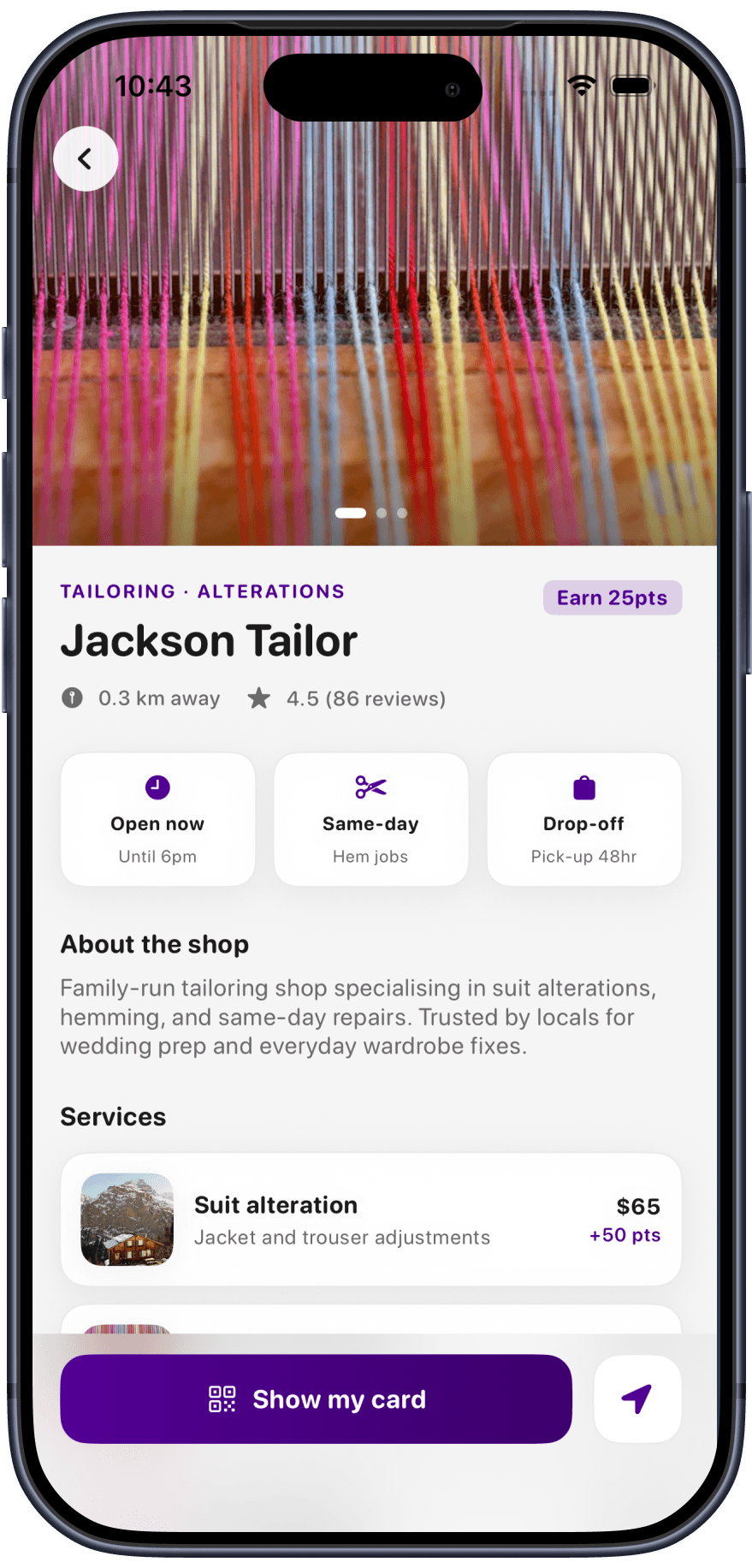 RewardsMate shop profile for Jackson Tailor showing tailoring services and points earning