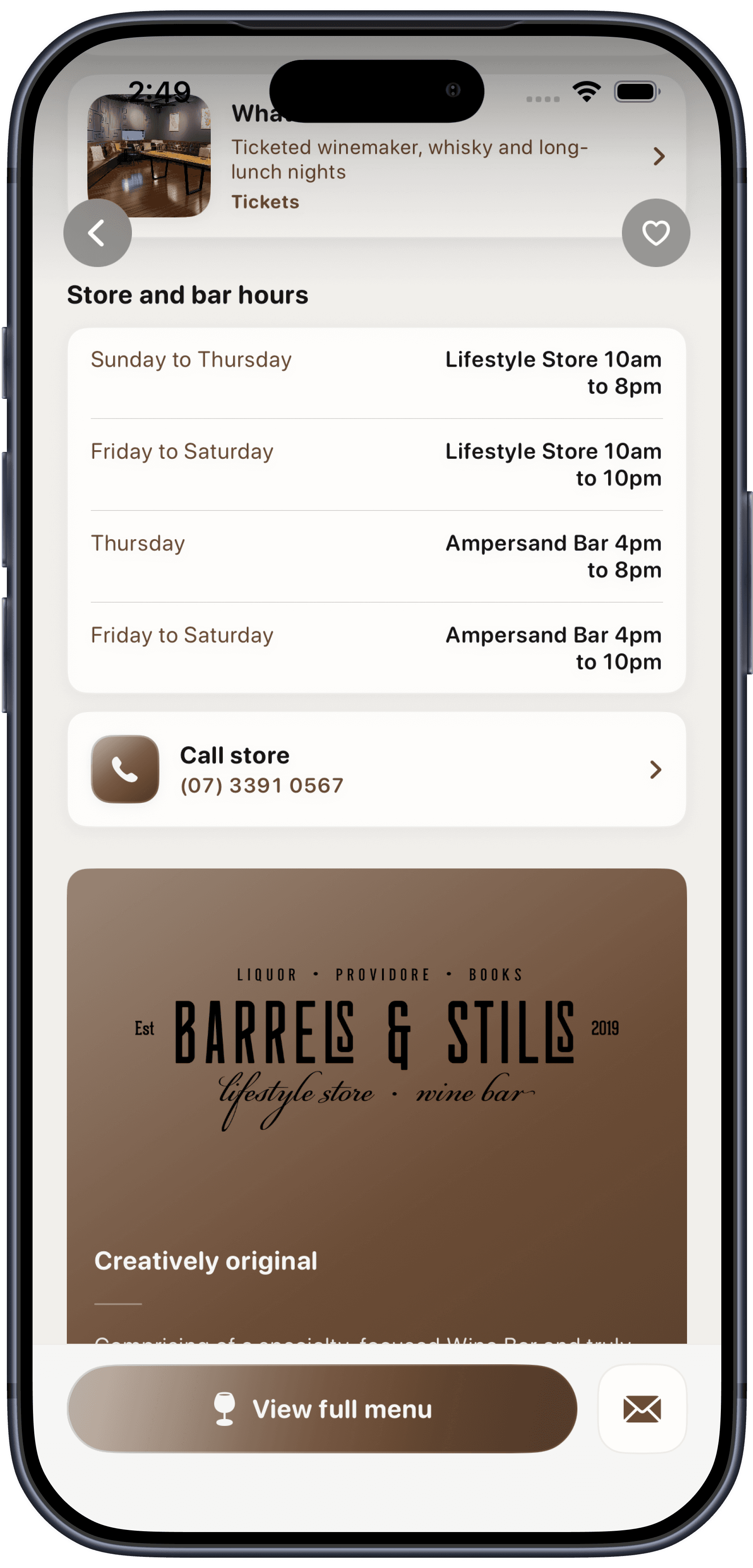Reward's Mate hours for Barrels & Stills, covering the lifestyle store and Ampersand Bar