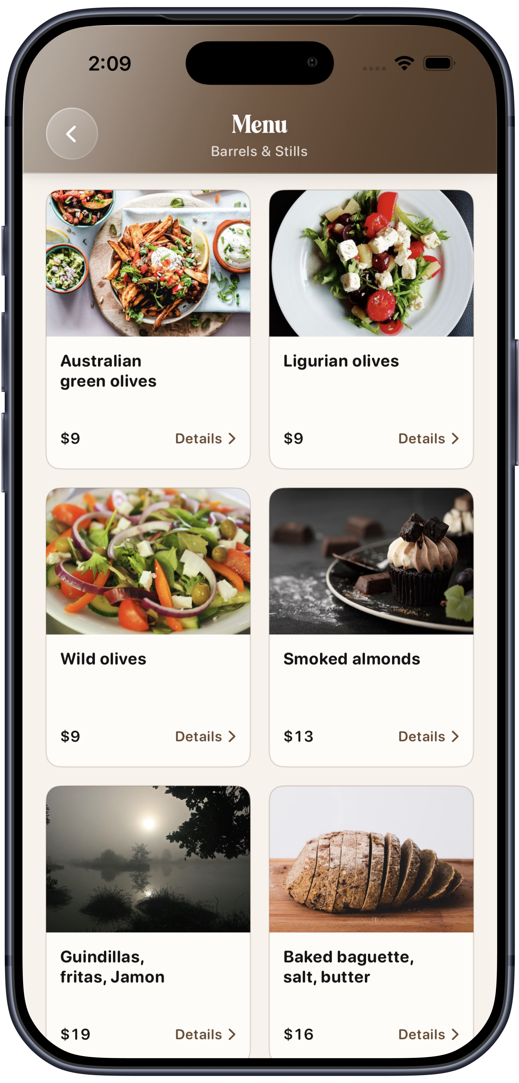 Reward's Mate menu for Barrels & Stills showing snacks and plates with published prices