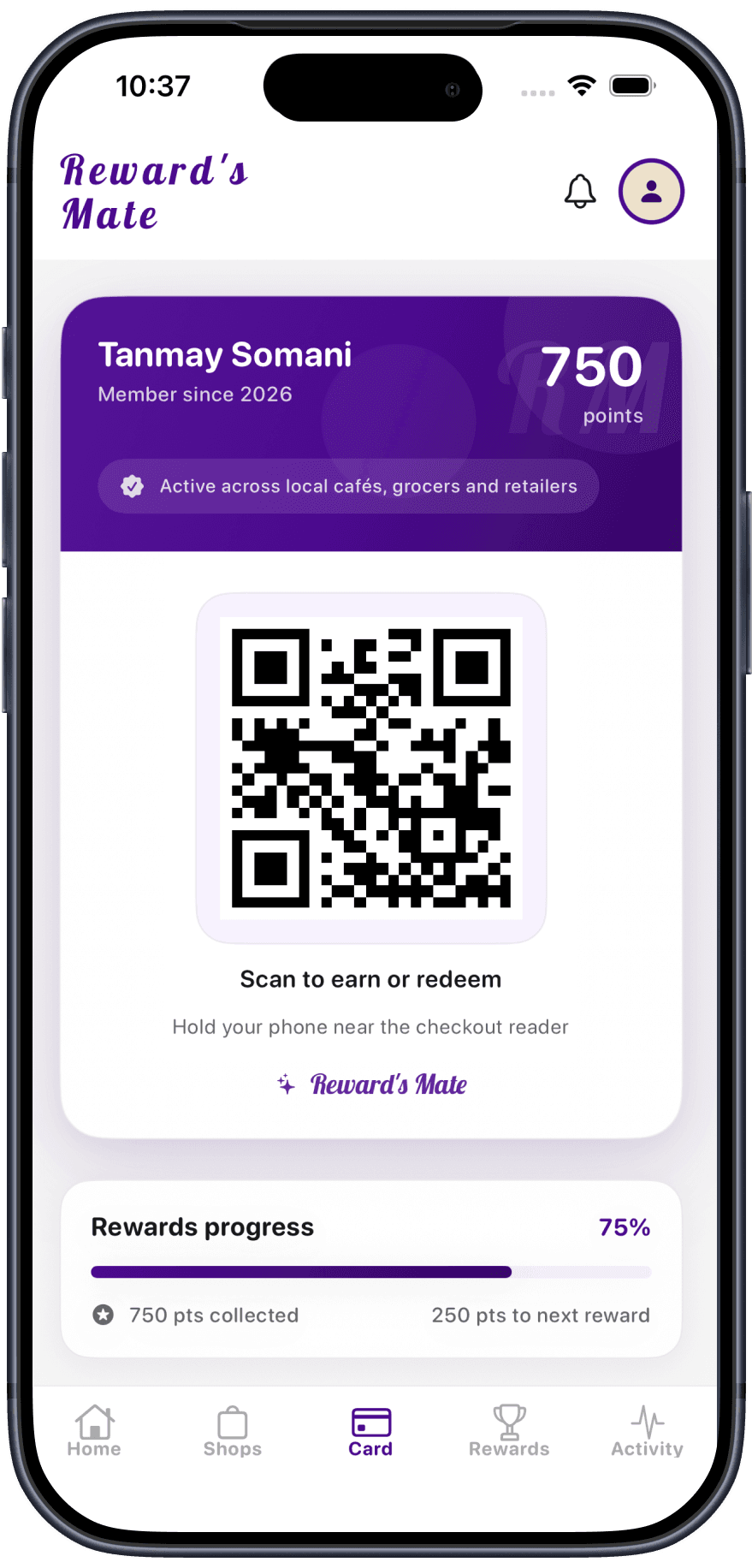 RewardsMate digital card screen showing QR code, member profile and rewards progress