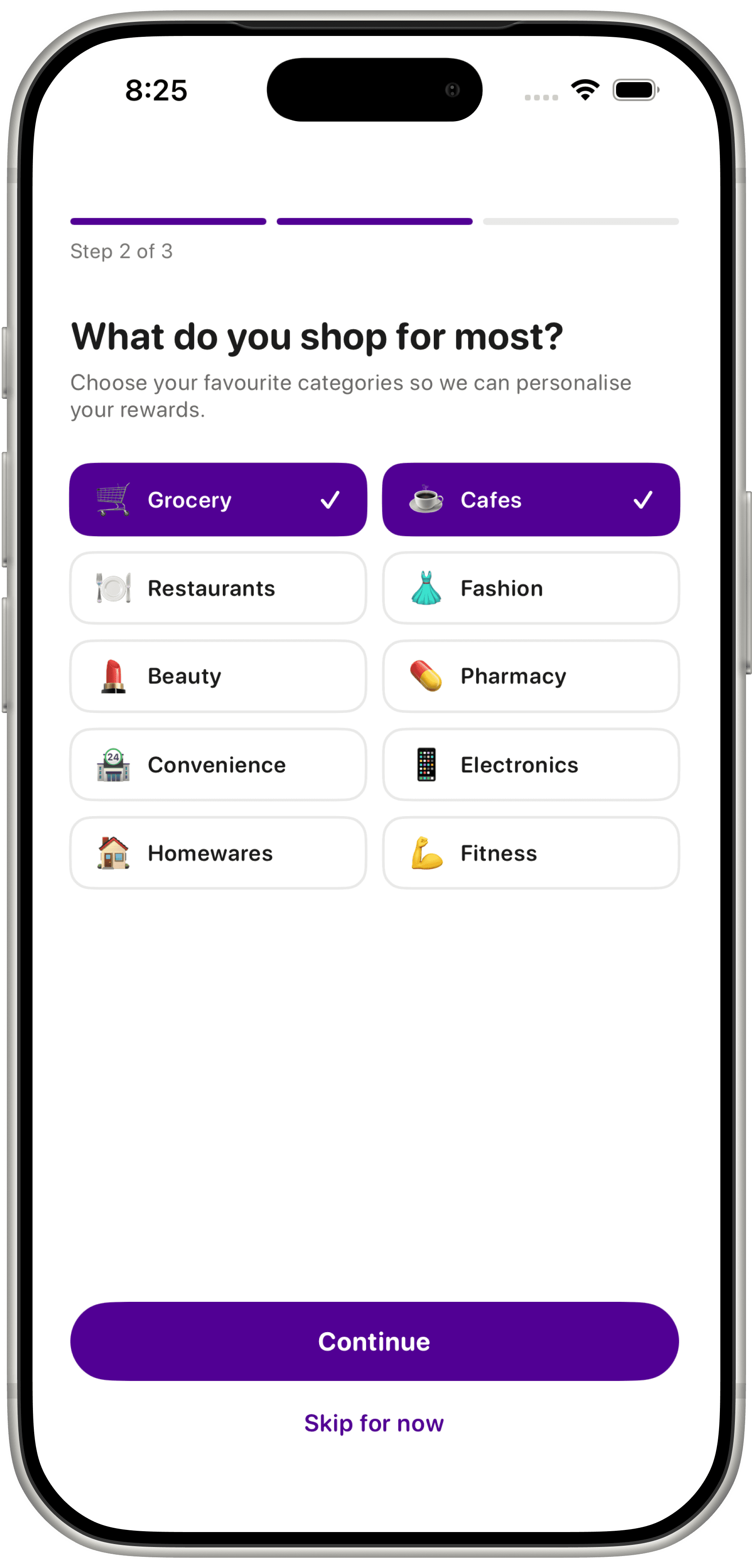 RewardsMate onboarding screen to choose favourite shopping categories