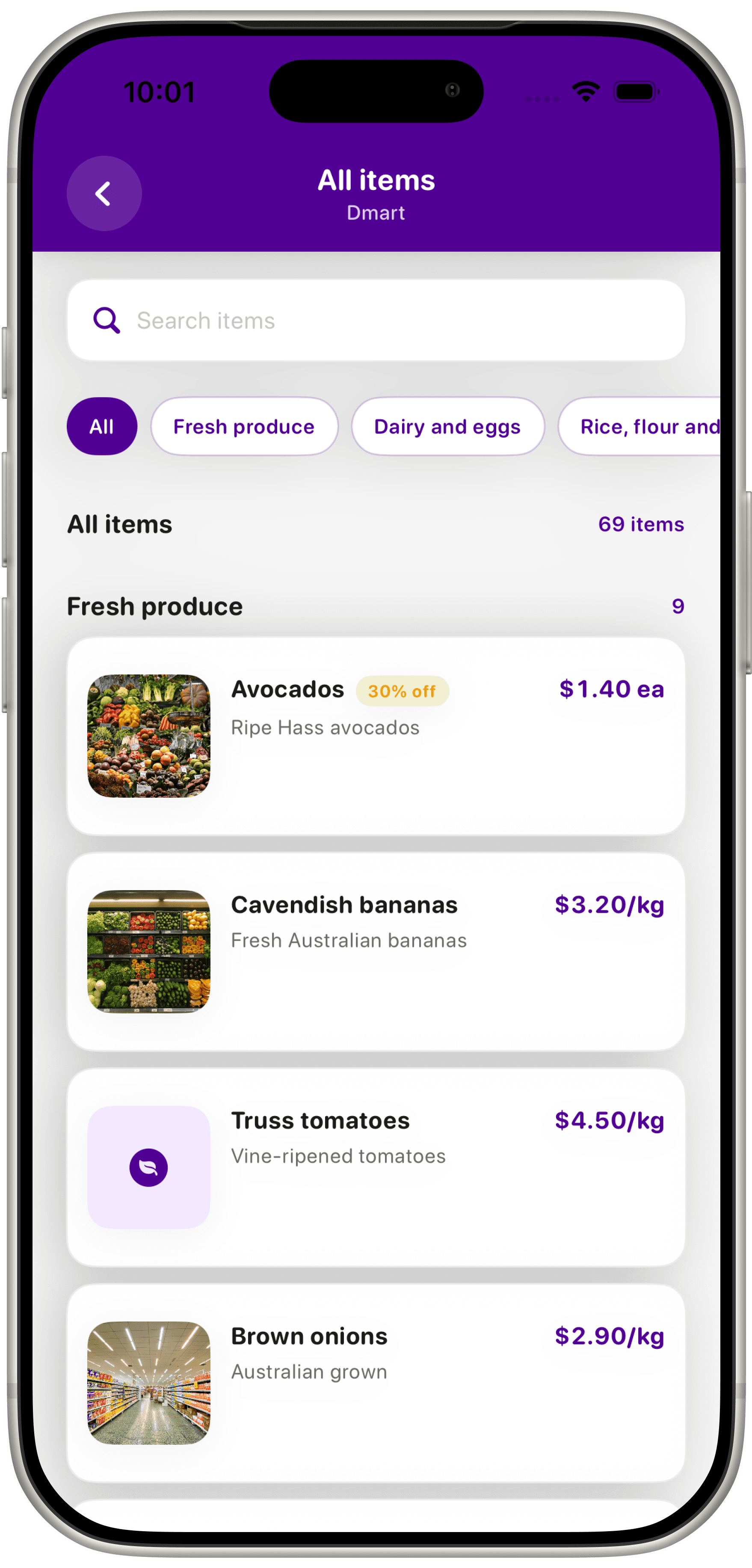 RewardsMate Dmart all-items catalogue with search, categories and product prices