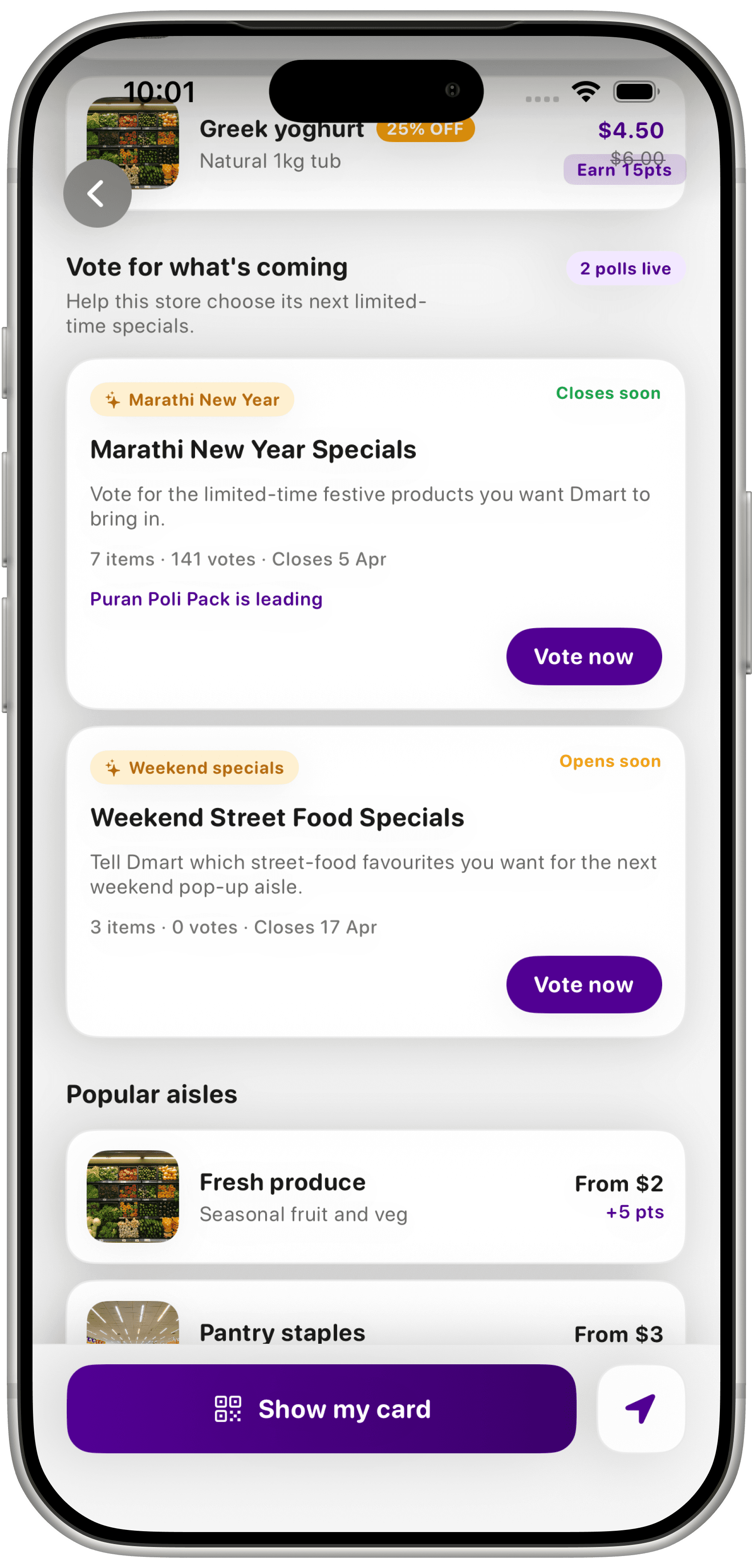 RewardsMate Dmart screen to vote on upcoming specials and browse popular aisles