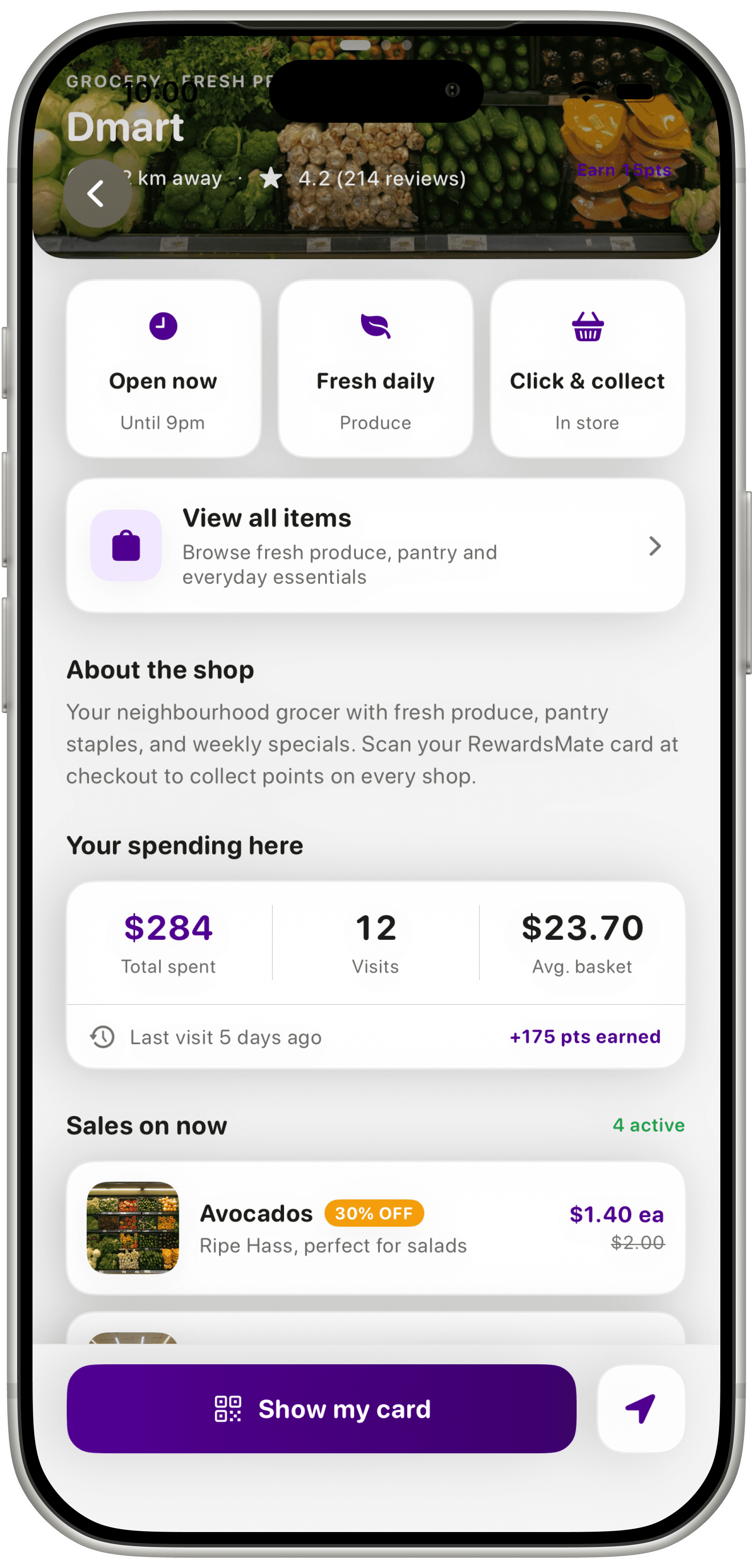 RewardsMate Dmart shop profile with your spending history and active grocery sales
