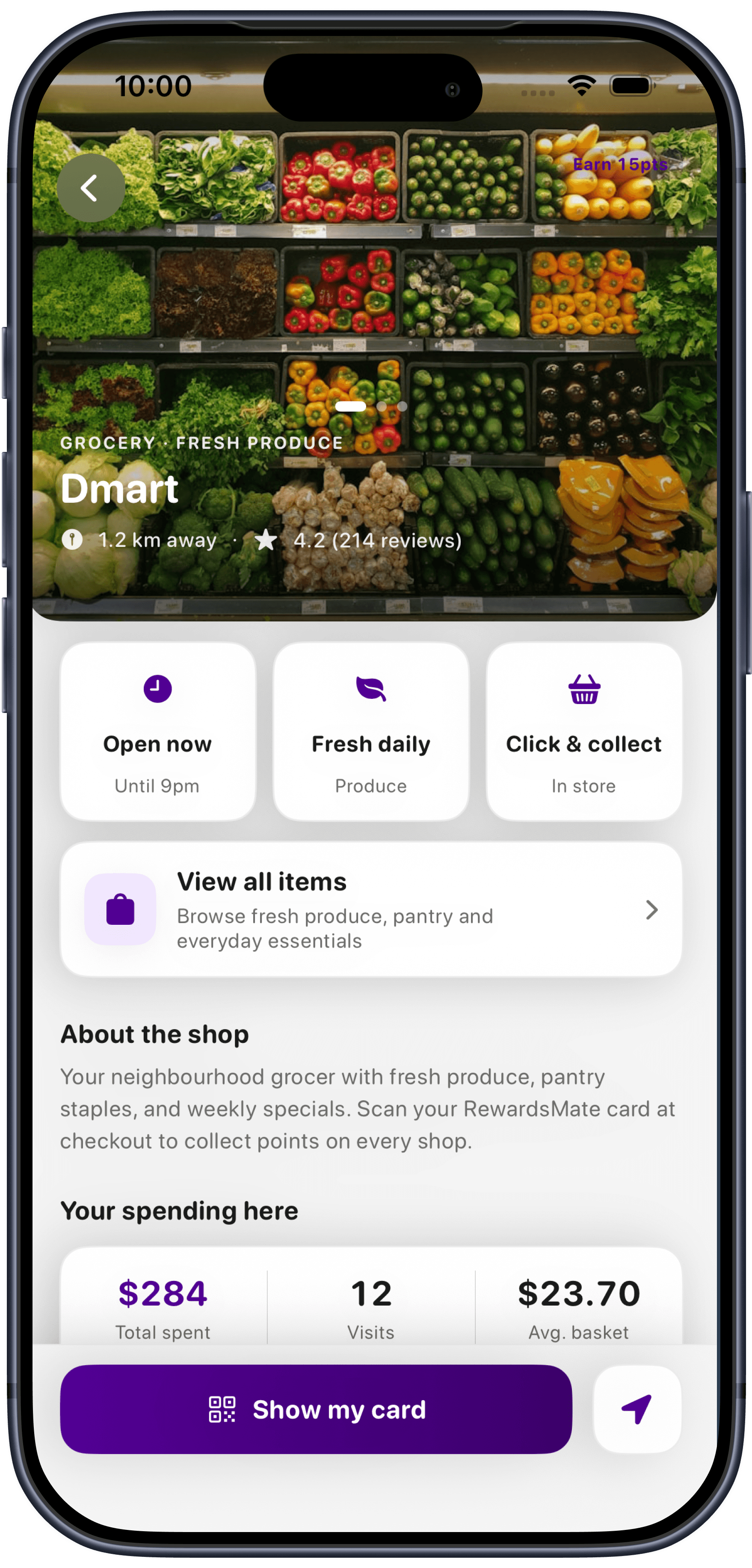 RewardsMate shop profile for Dmart grocer showing fresh produce and spending summary