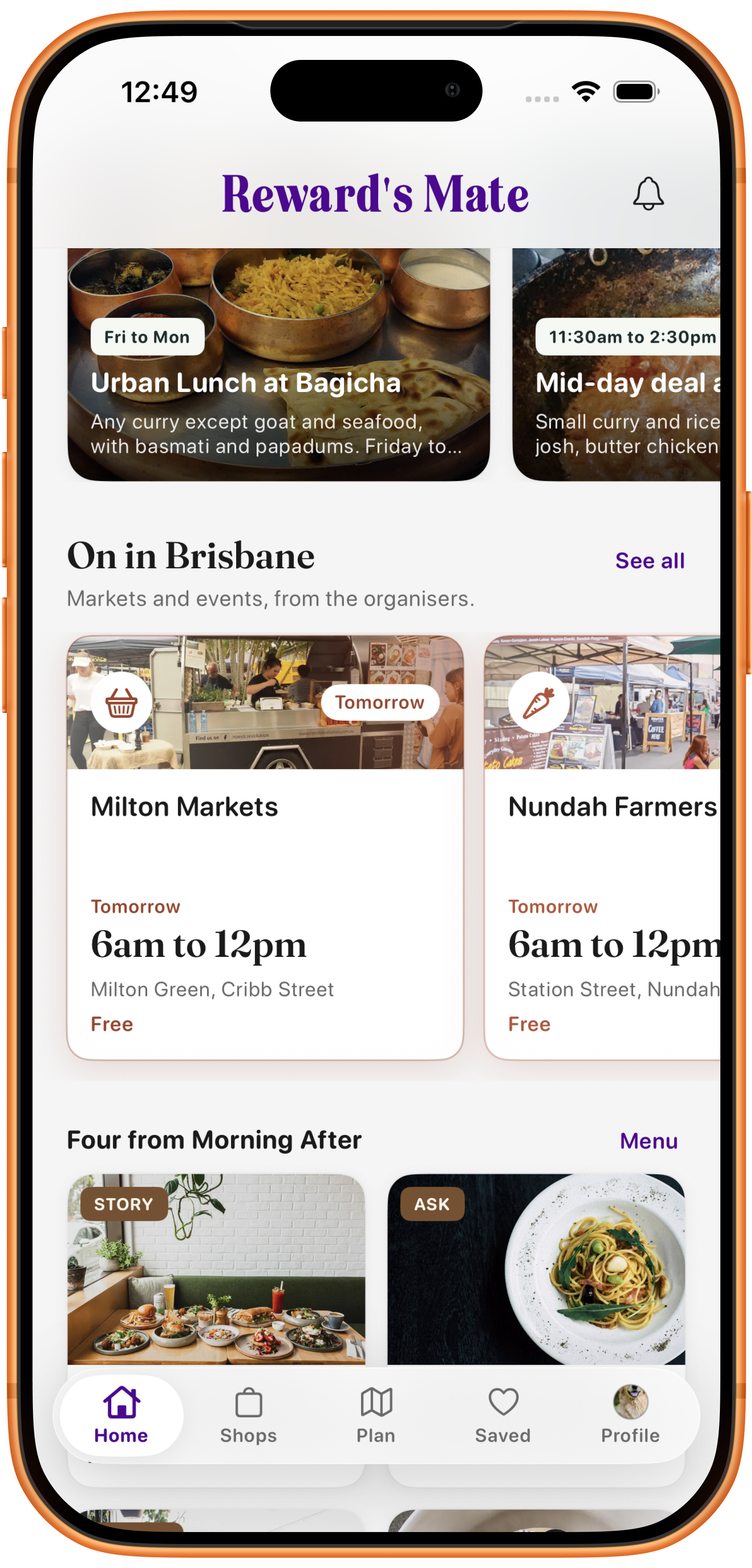 Reward's Mate home screen showing On in Brisbane markets and events, plus more local ideas further down