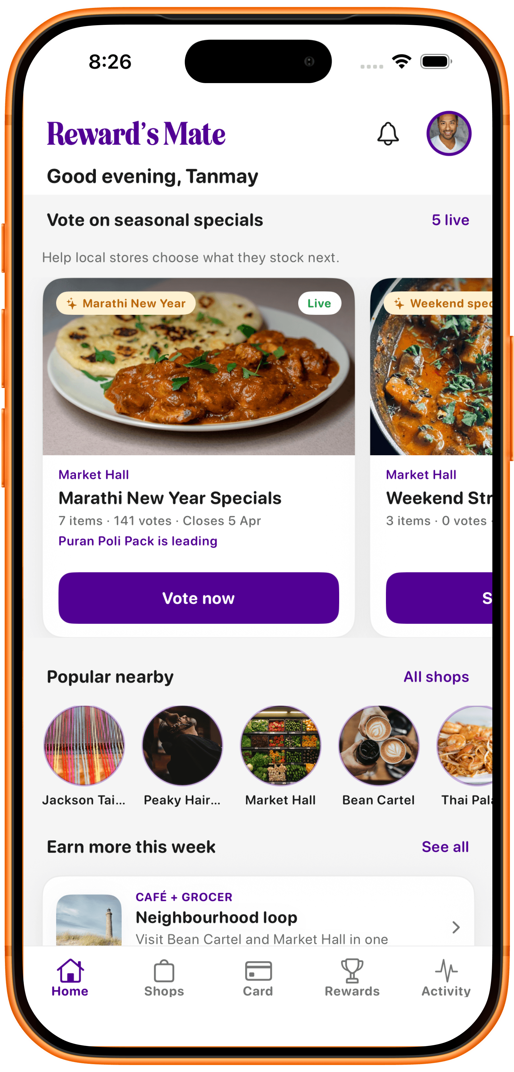 RewardsMate home screen showing community votes, popular nearby stores and weekly earn campaigns