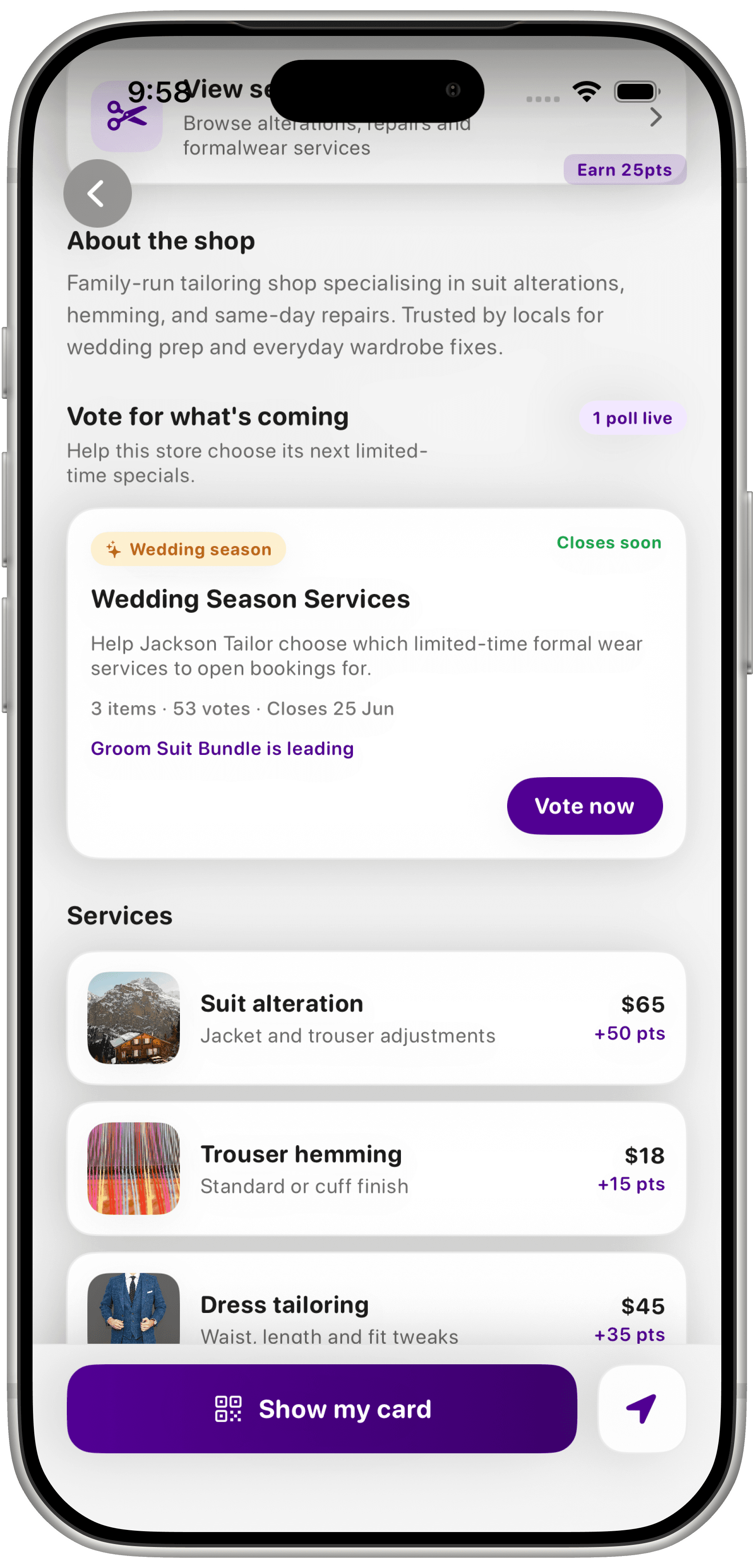 RewardsMate Jackson Tailor shop profile with full service list, prices and points per visit