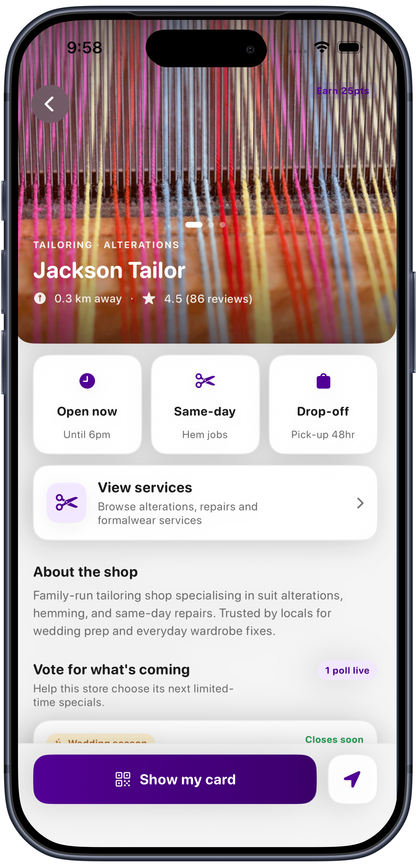 RewardsMate shop profile for Jackson Tailor showing tailoring services and points earning