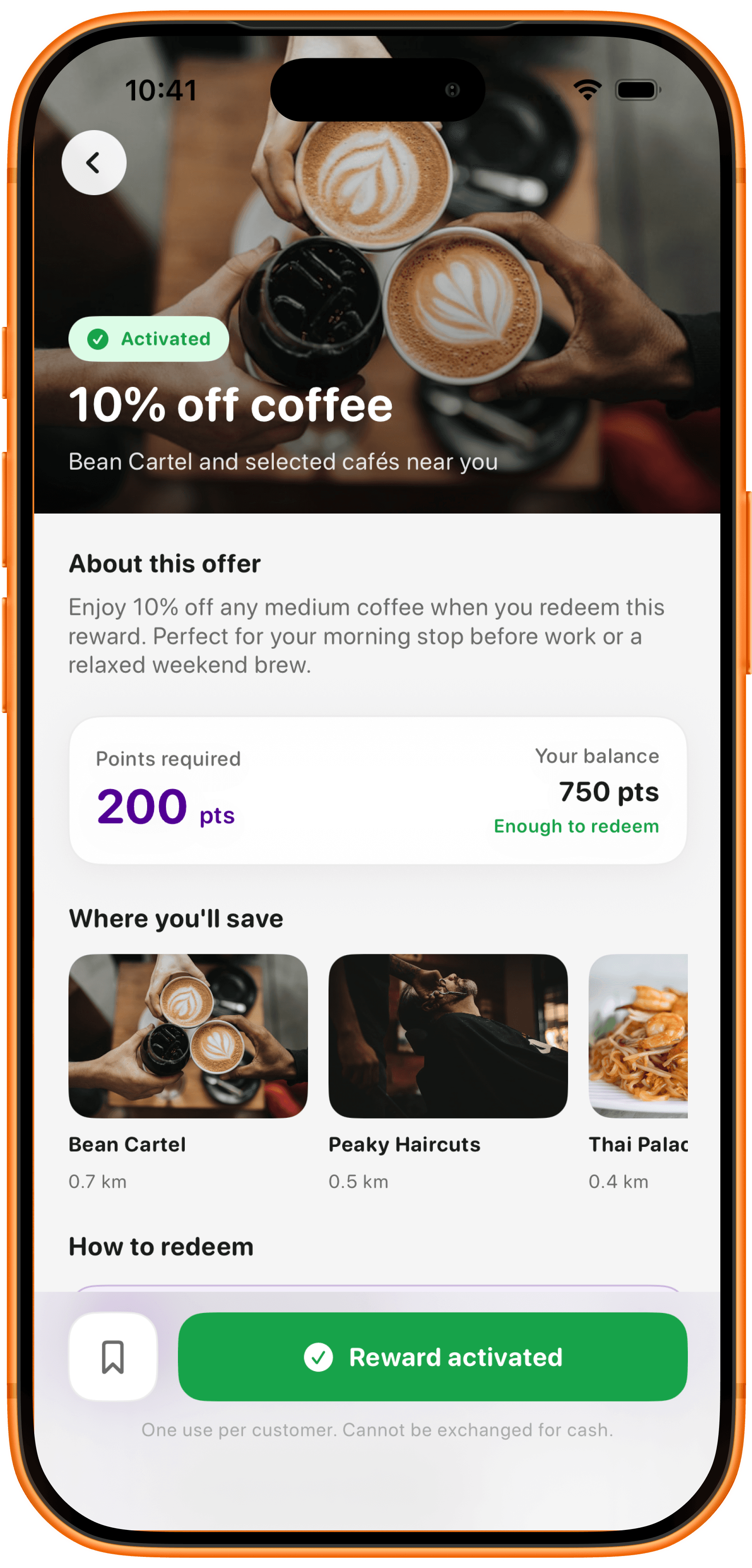 RewardsMate reward detail screen showing 10% off coffee activated and ready to use at checkout
