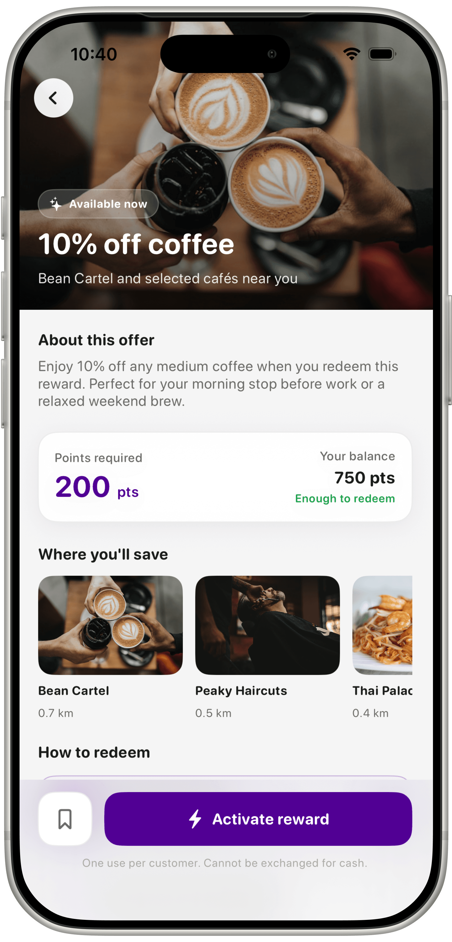 RewardsMate reward detail screen for 10% off coffee, ready to activate with points balance shown