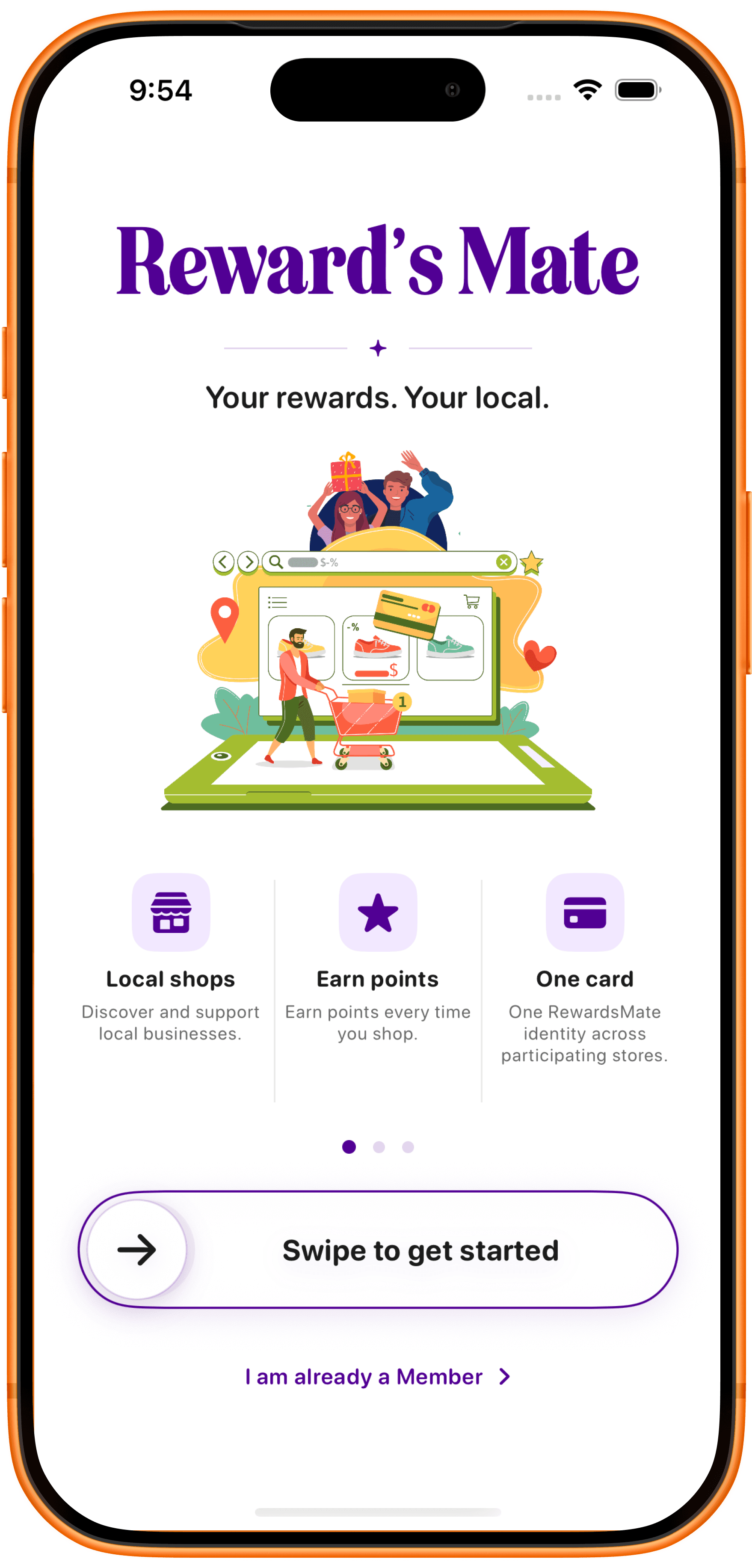 RewardsMate onboarding screen welcoming new members with local shops, earn points and one card highlights
