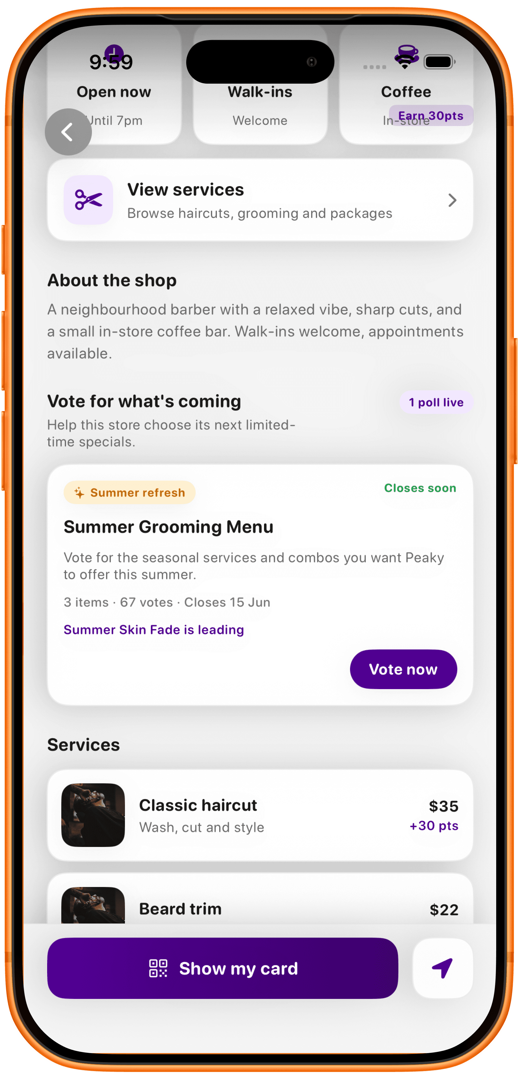 RewardsMate Peaky Haircuts shop profile with live poll, about the shop and service previews