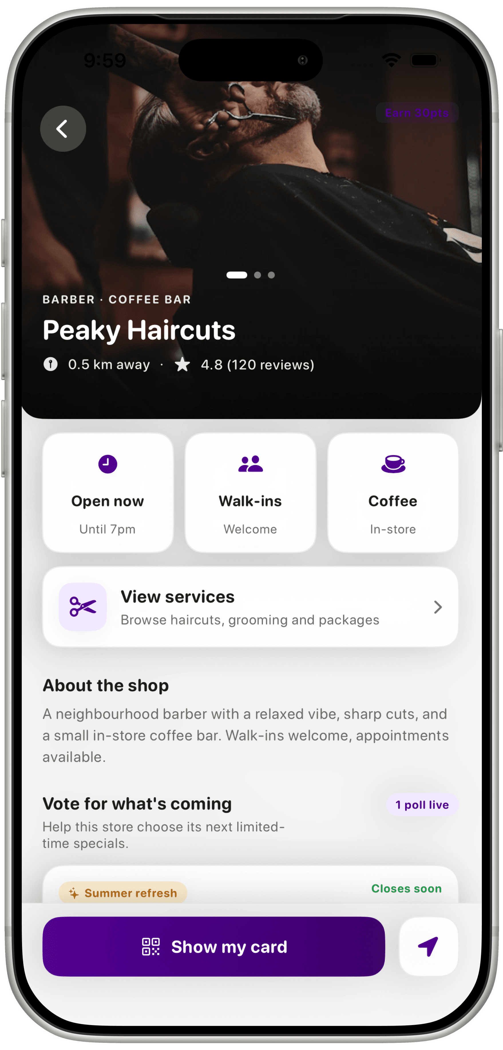 RewardsMate shop profile for Peaky Haircuts showing barber services and in-store coffee