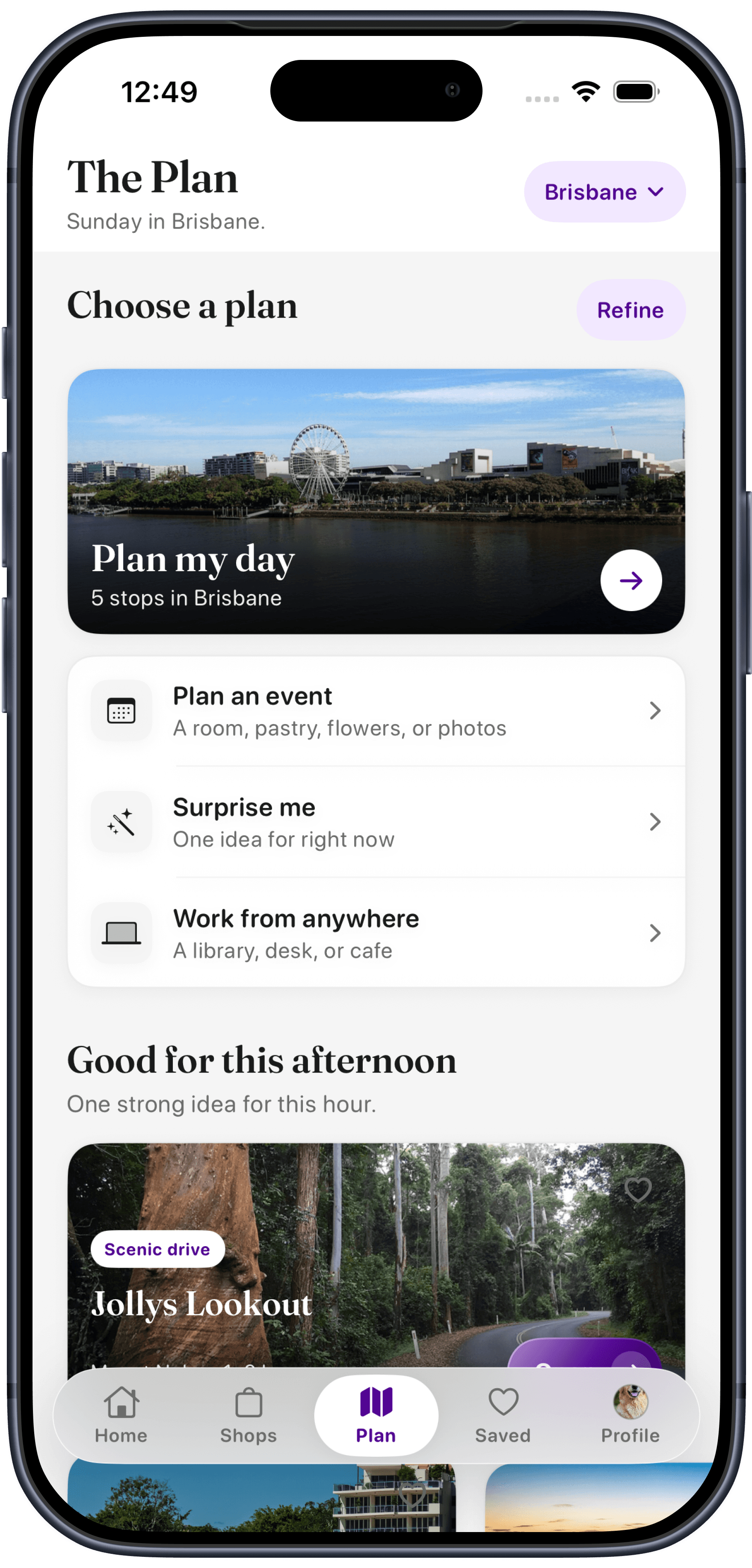 Reward's Mate The Plan tab for Brisbane, with Plan my day, Plan an event, Surprise me, Work from anywhere and a Jollys Lookout idea