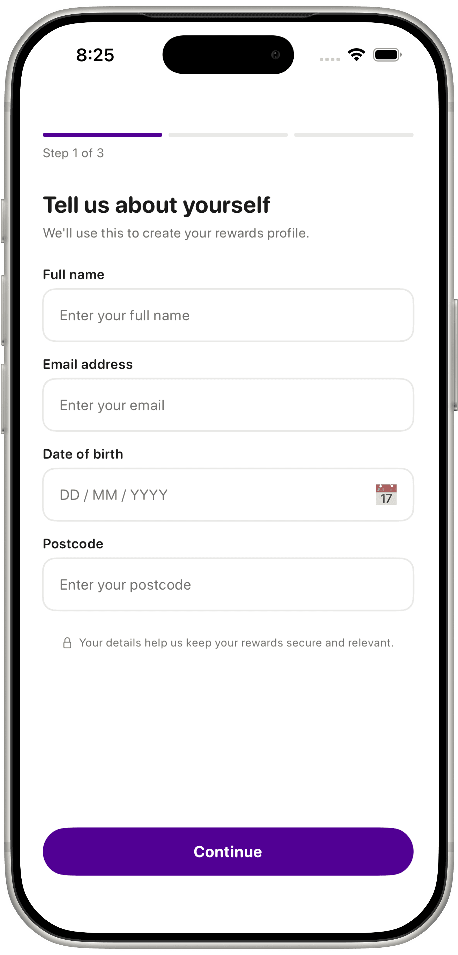 RewardsMate profile setup screen collecting name, email, date of birth and postcode