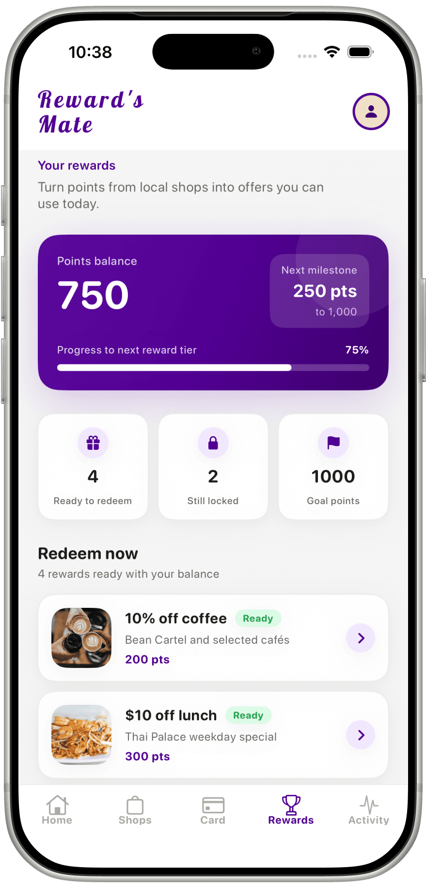 RewardsMate rewards screen showing points balance, redeemable rewards and progress to next milestone