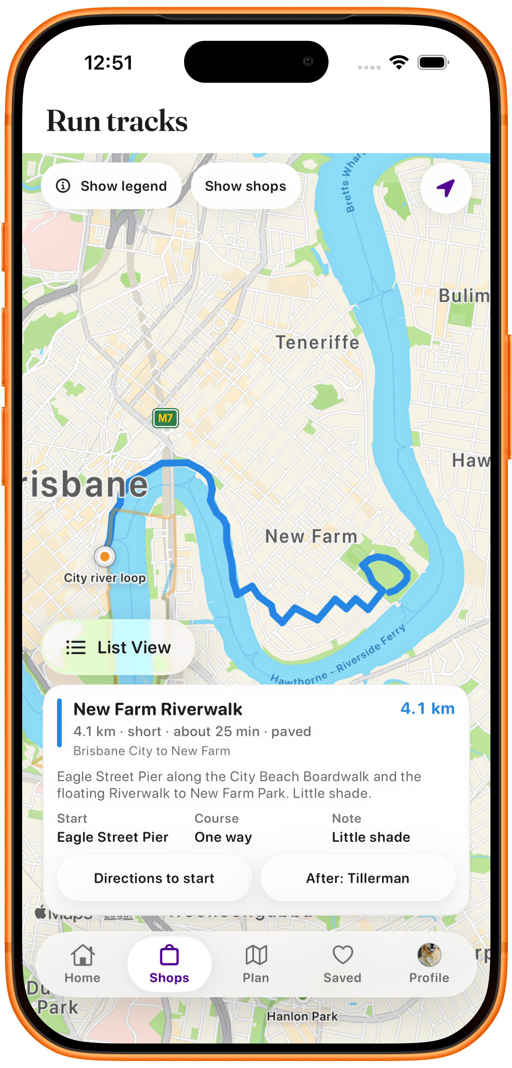Reward's Mate run tracks map showing the New Farm river walk from Brisbane City, with distance and a path to nearby shops