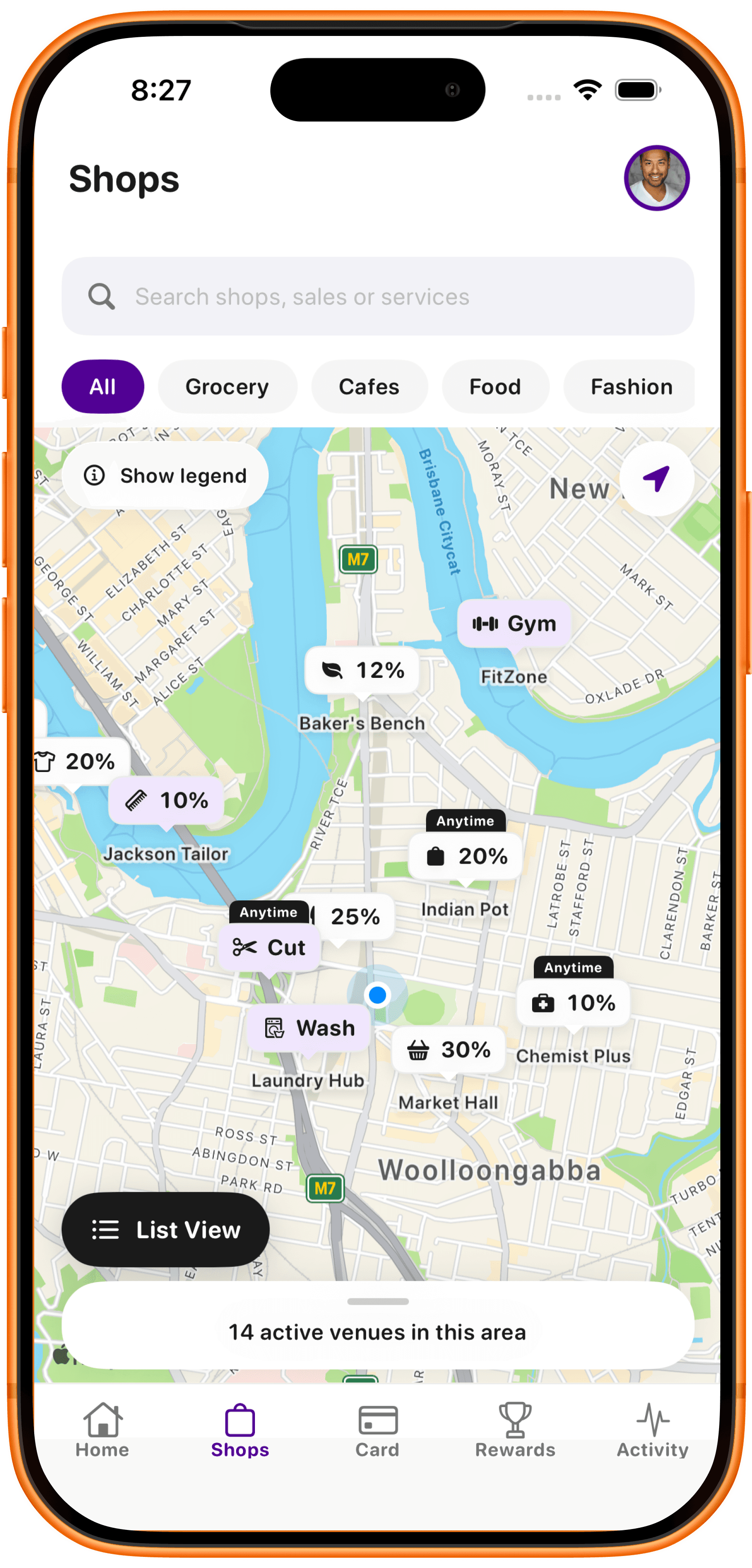 RewardsMate shops map view showing nearby participating venues and offers