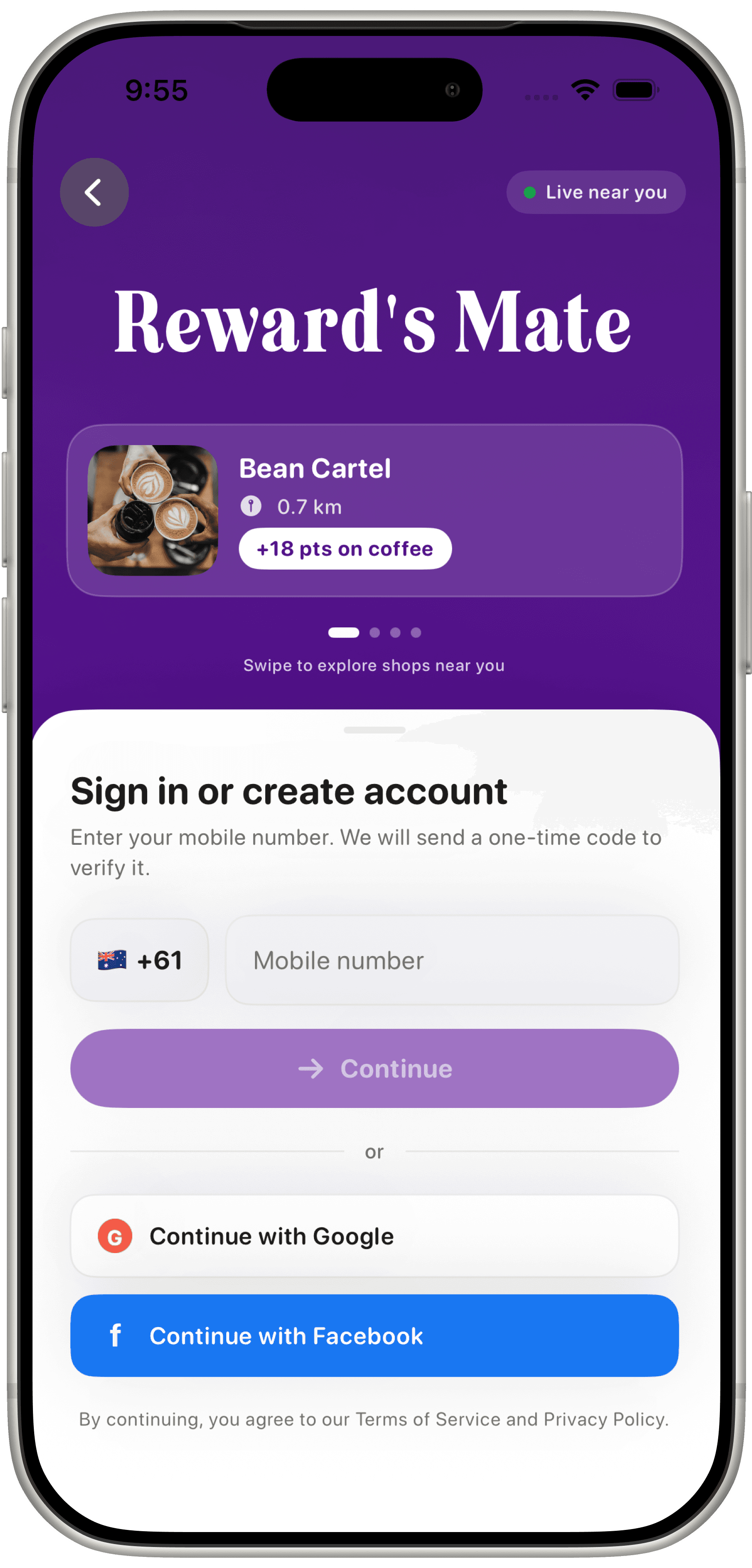 RewardsMate sign-in screen to enter a mobile number or continue with Google or Facebook