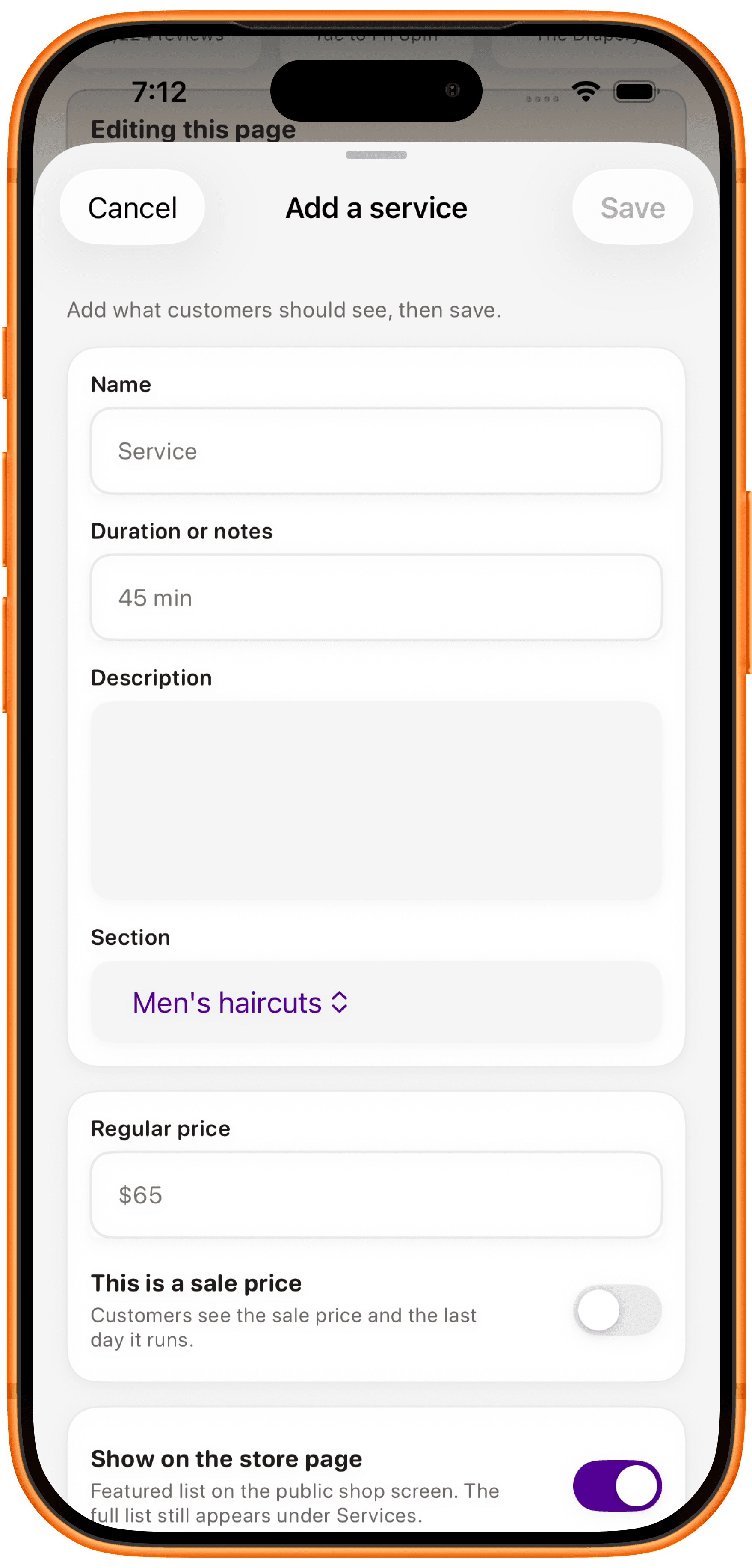 Reward's Mate demo form to add a service, with name, duration, description, section, price and an optional sale price