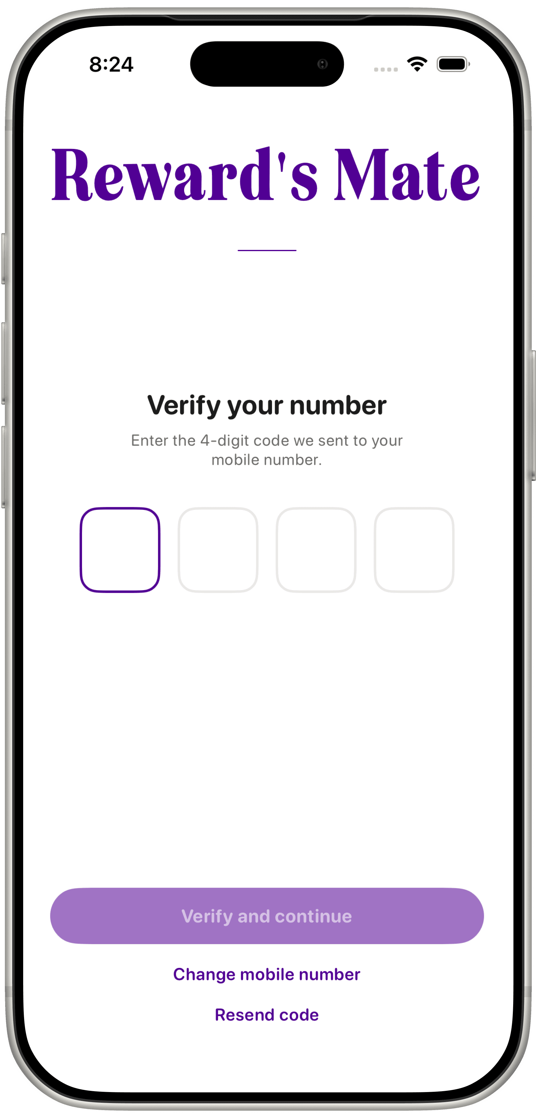 RewardsMate screen to verify a mobile number with a one-time code