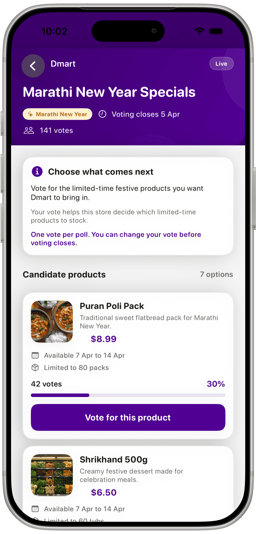 RewardsMate community vote screen for Marathi New Year specials at Dmart
