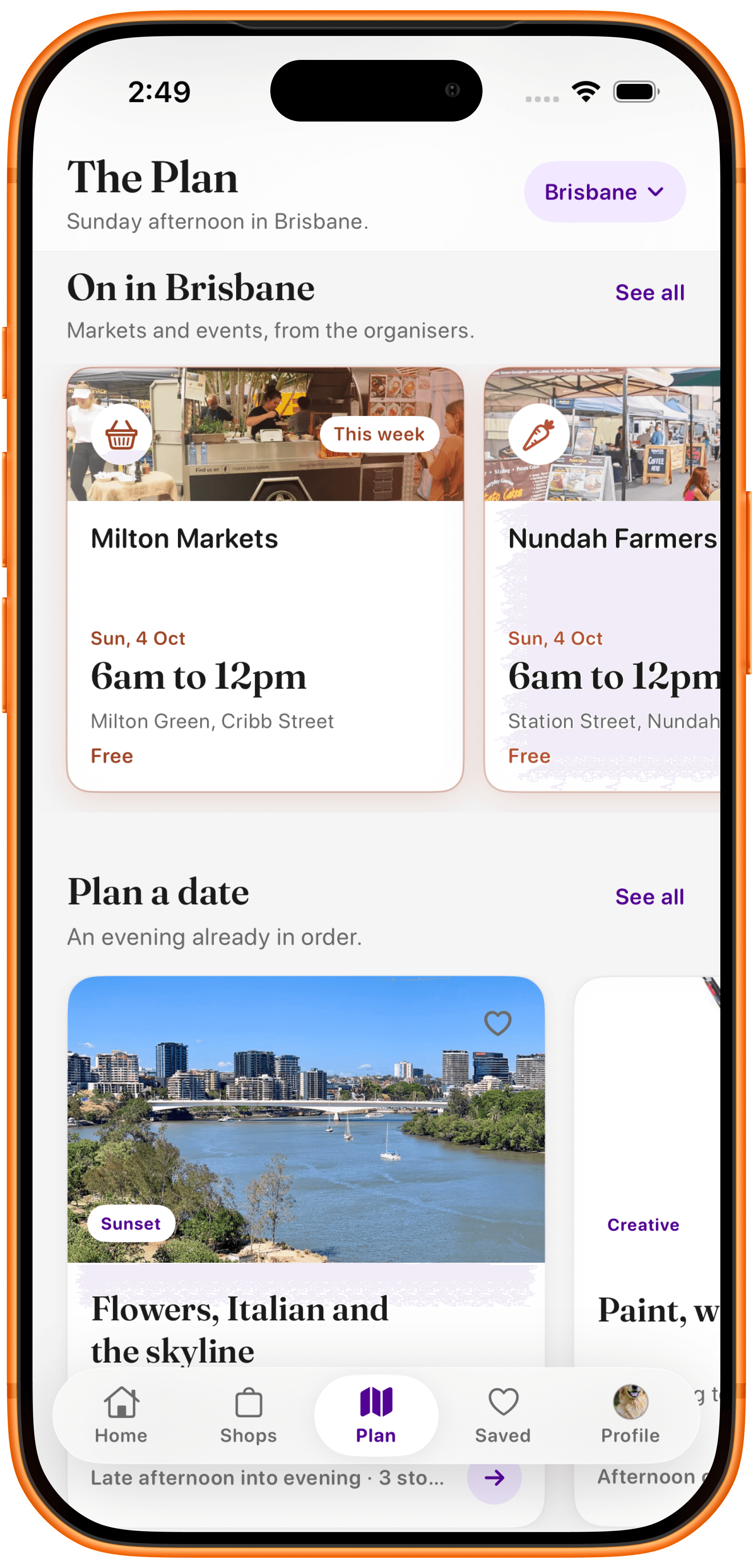 Reward's Mate The Plan tab showing On in Brisbane markets and events, plus Plan a date ideas