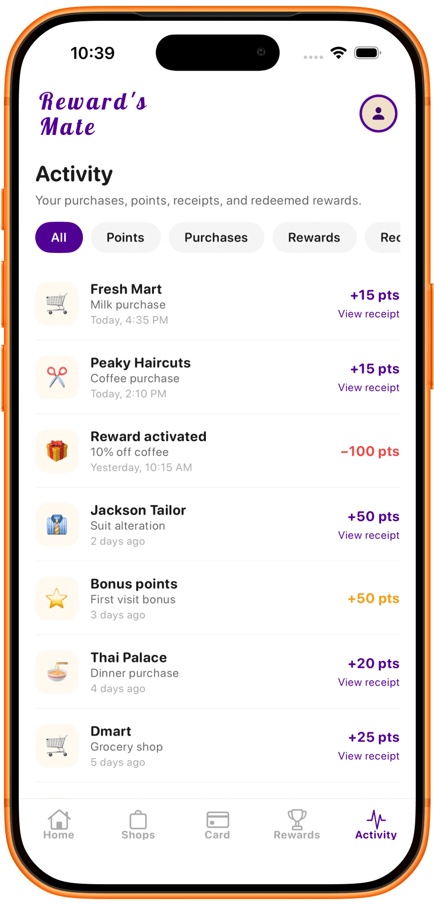 RewardsMate activity screen showing purchases, points earned, receipts and redeemed rewards