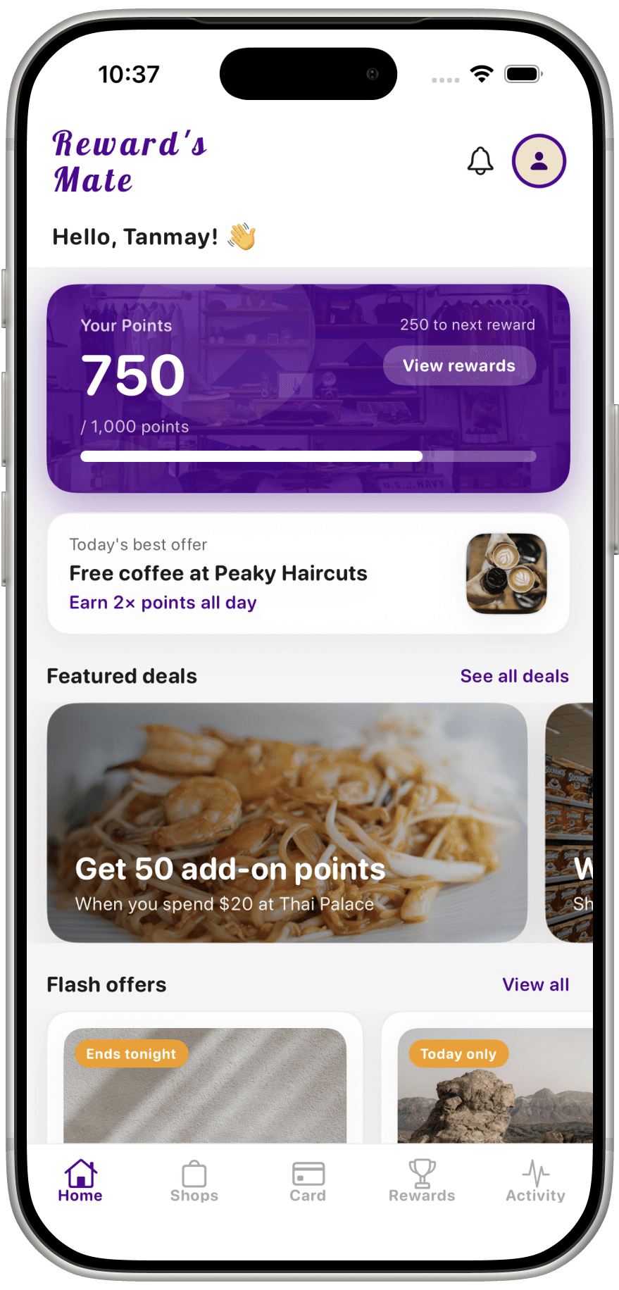 RewardsMate home screen showing points balance, today's best offer, featured deals and flash offers