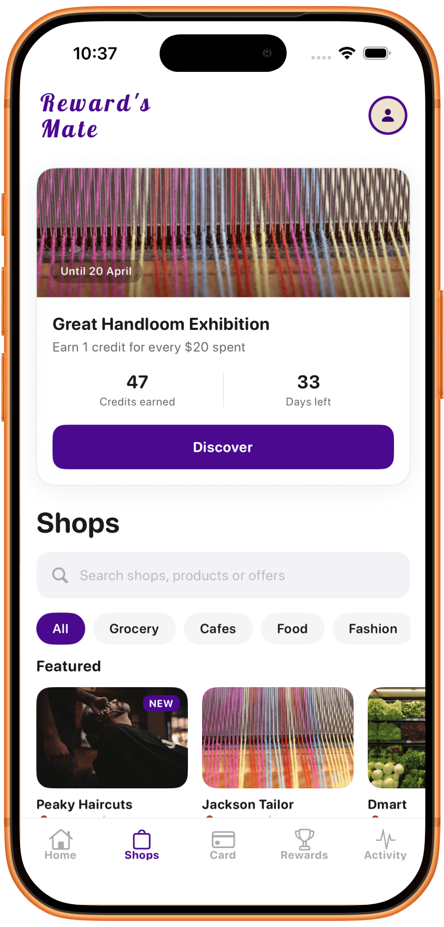 RewardsMate shops screen showing local store discovery, search and featured stores